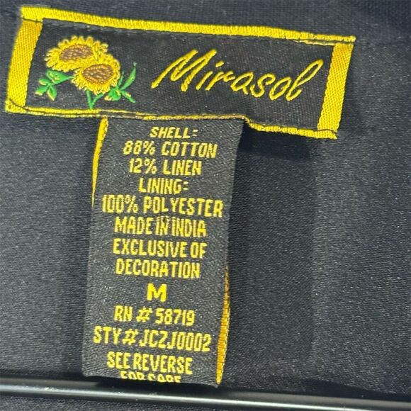 Mirasol M Floral Embroidered Jacket Black Cotton Linen Boho Artsy Button Shirt - Picture 8 of 9
